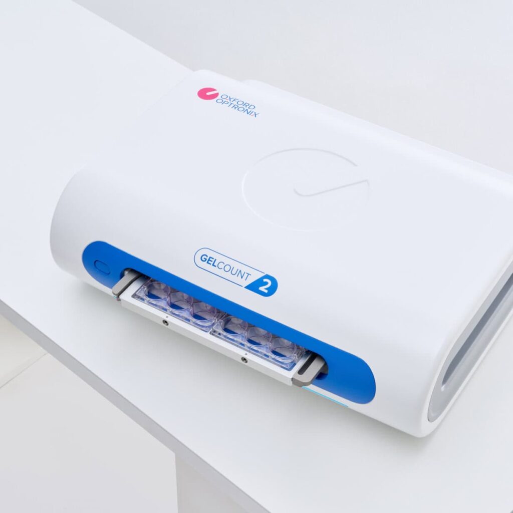 Contador de colonias y esferoides GelCount 2 de Oxford Optronix para ensayos de biología celular.